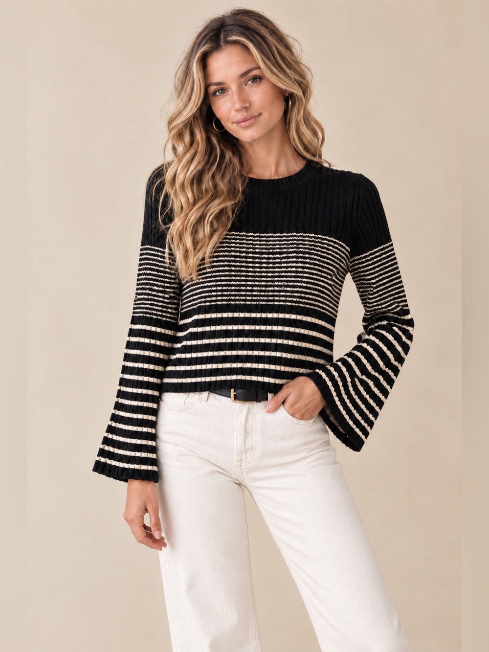 Proenza Schouler Silk Blend Black & Cream  Ribbed Bell Sleeve Crewneck Sweater